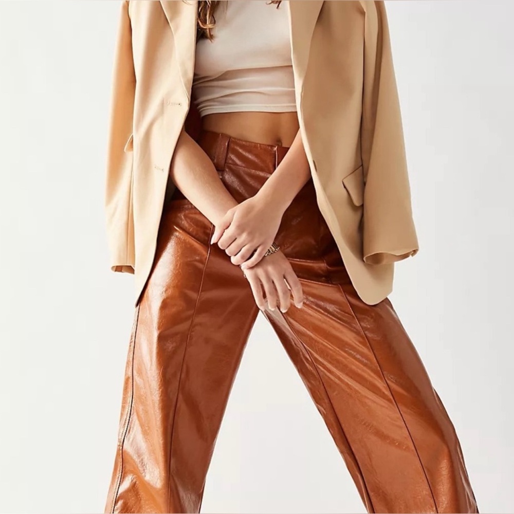 Free People Tan Faux Leather Wide Leg Pants Size 8 - Picture 2 of 16